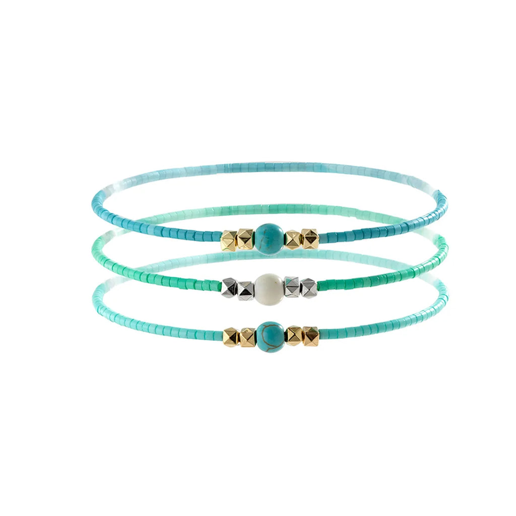 3pcs Boho Handmade Anklet Sets For Women Blue Rice Beads Chain Ankle Bracelet Elastic Rope Beach Summer Foot Accessories