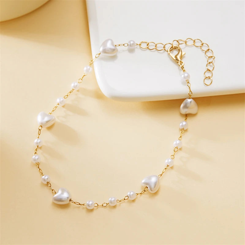 Minimalist Star Heart Anklet for Women Charm Simple Imitation Pearl Link Chain On Barefoot Bracelet Handmade Jewelry Gift