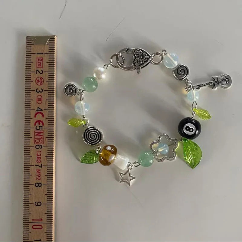 Mushroom themed beaded bracelet spiral leaf Handmade