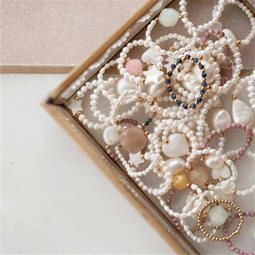 Elegant Handmade Freshwater Pearl Rings Women With Stainless Steel Bead Elastic Thread Wedding Statement Ring Gift