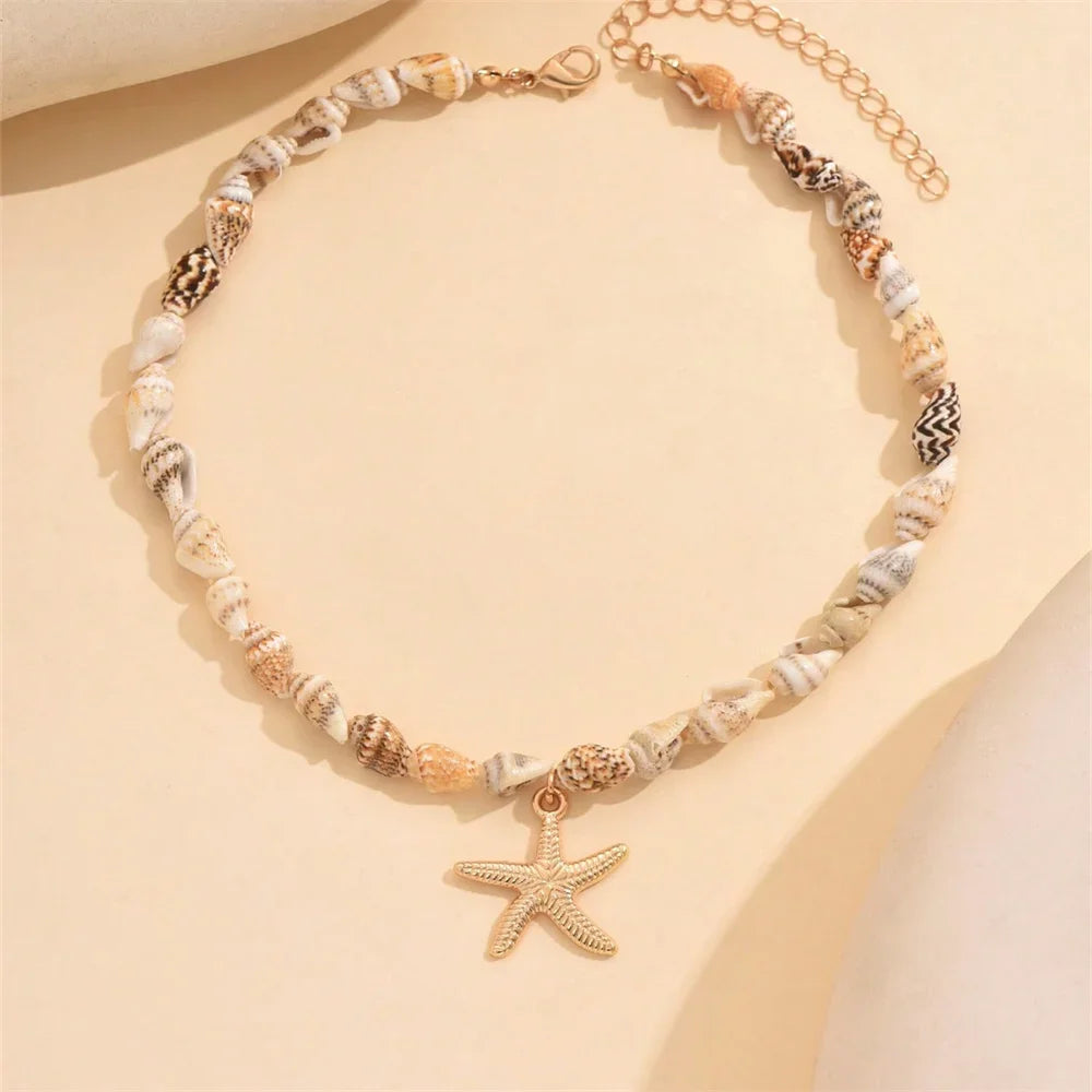Beach Style Natural Seashell Beaded Necklace With Handmade Tropical Starfish Pendant Fashion Ocean Inspired Jewelry Choker Women