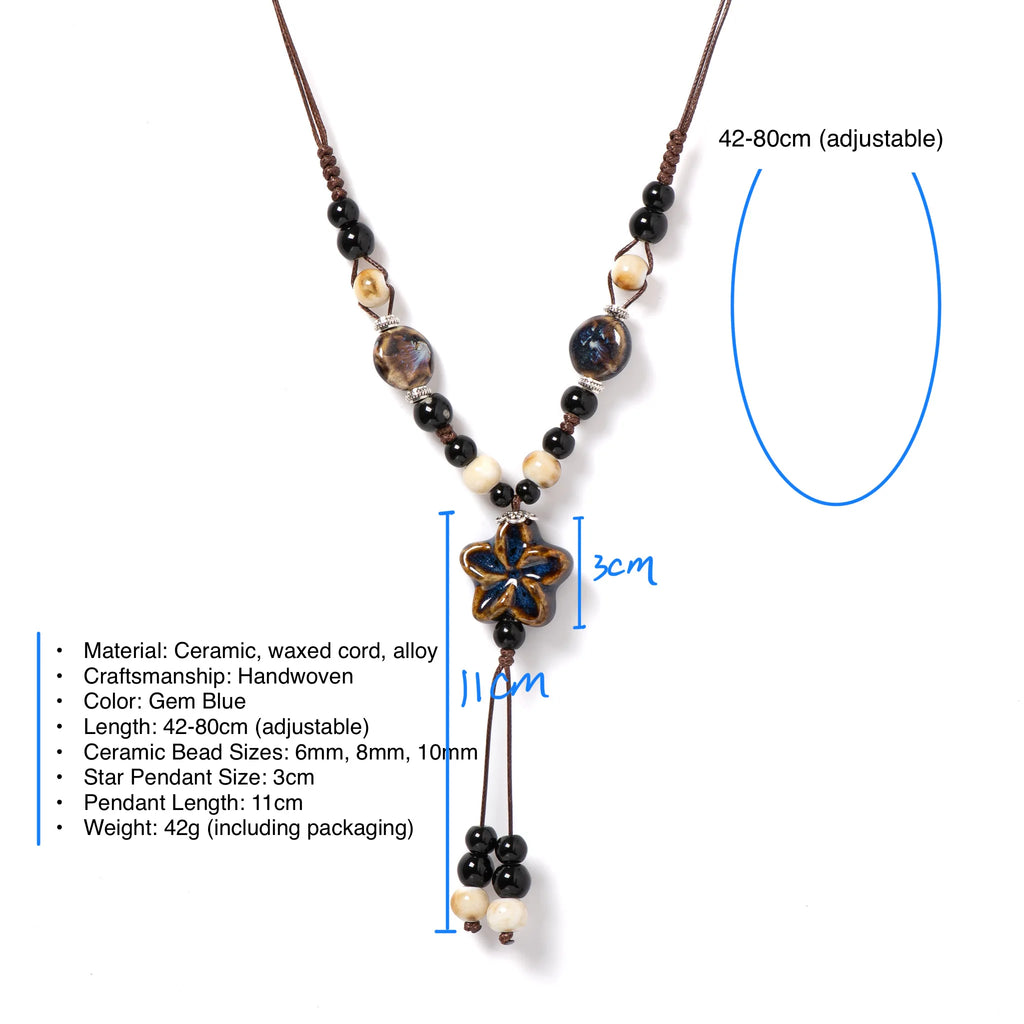 Round Star Handmade Ceramic Necklace Adjustable Pendant in Gem Blue Boho Jewelry  Long Pendant for Women 1101