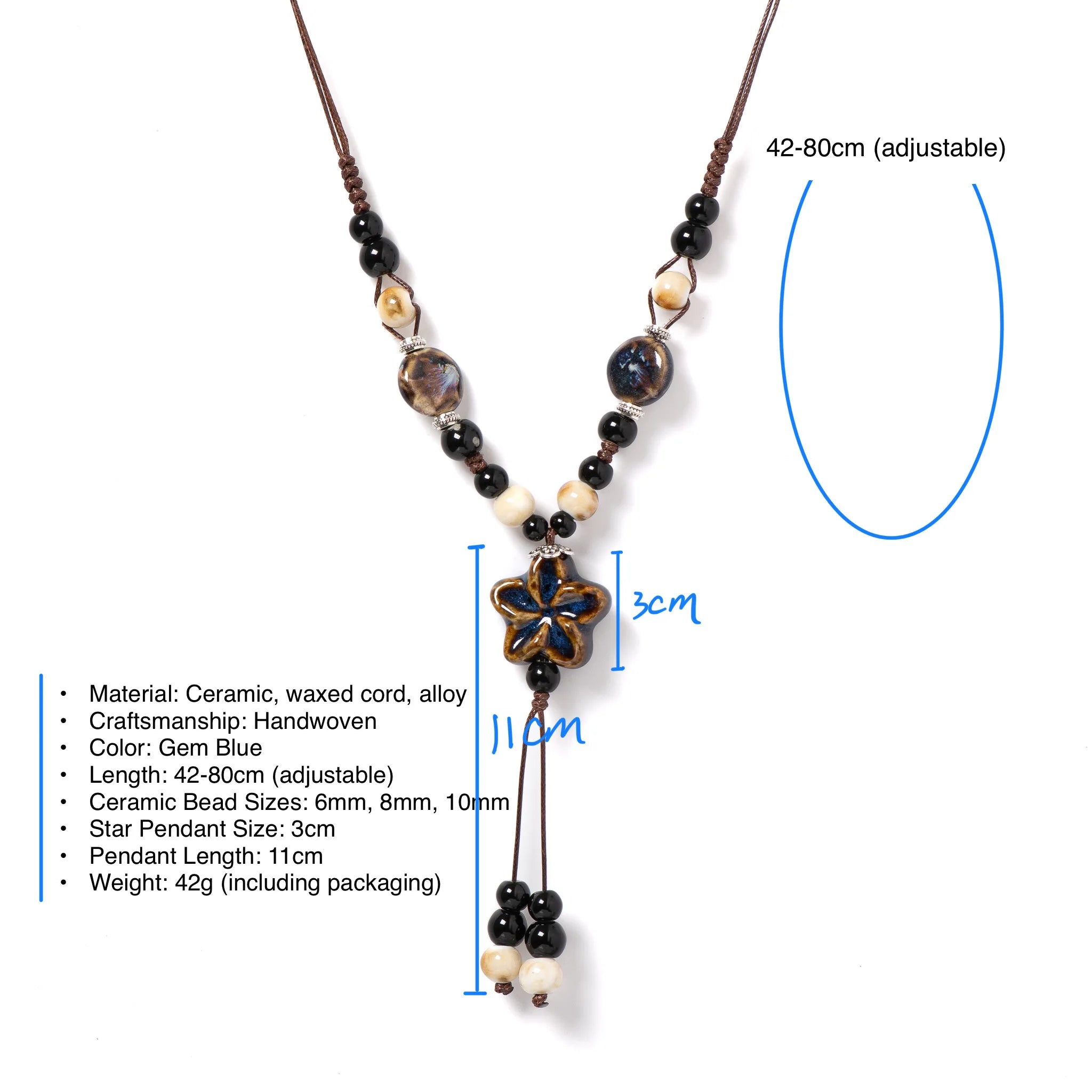 Round Star Handmade Ceramic Necklace Adjustable Pendant in Gem Blue Boho Jewelry  Long Pendant for Women 1101