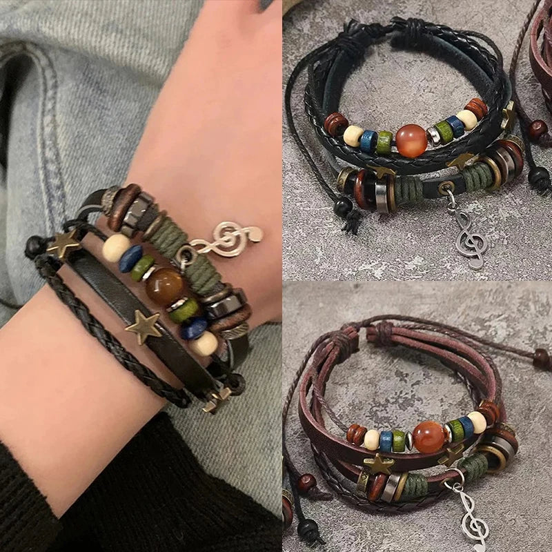 Handmade Hippie Design Brown Leather Bracelet Women Metal Star Note Charms Wood Button Beads Wrap Unisex Adjustable Bracelet