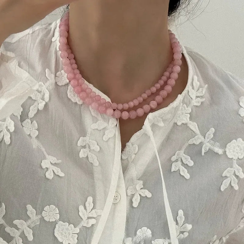 Exquisite 4 6 8mm Pink Color Round Natural Stone Beaded Necklace for Women Handmade Silver Plated Chain Strand Chokers