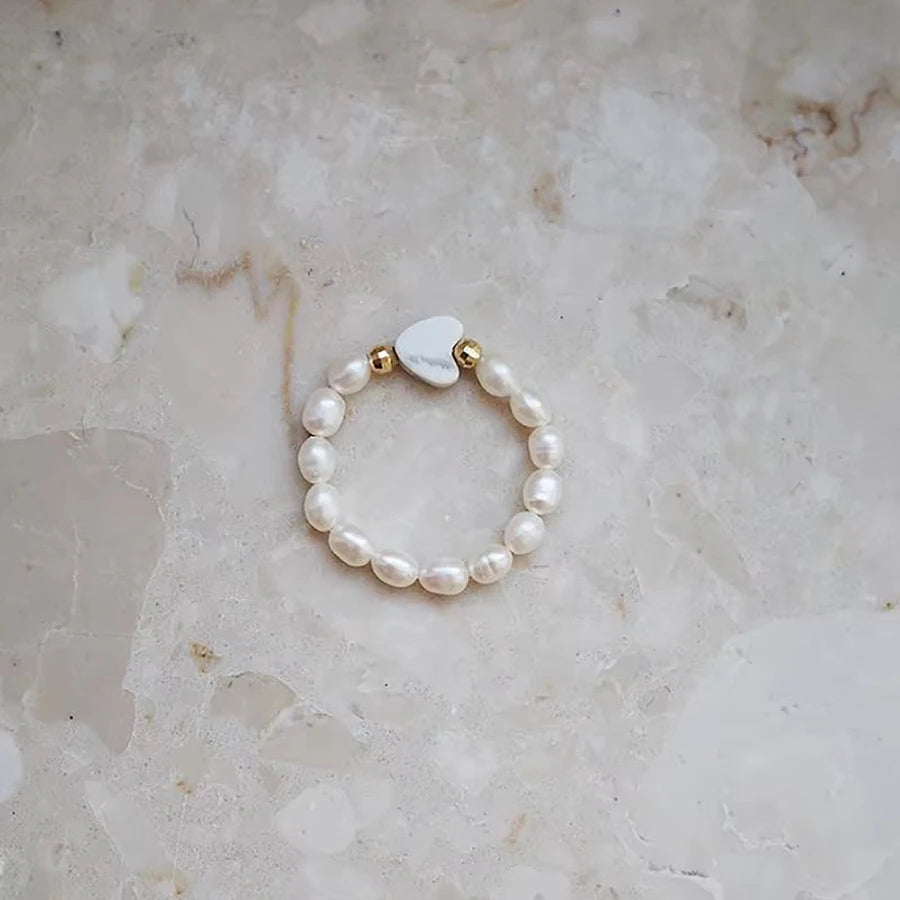 Elegant Handmade Freshwater Pearl Rings Women With Stainless Steel Bead Elastic Thread Wedding Statement Ring Gift