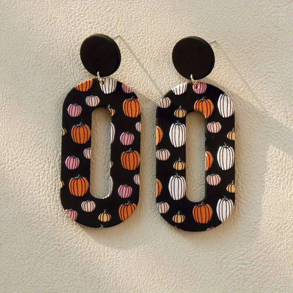 Halloween Pumpkin Print Earrings Geometric Hollow Design Clay Texture Festive Womens Jewelry