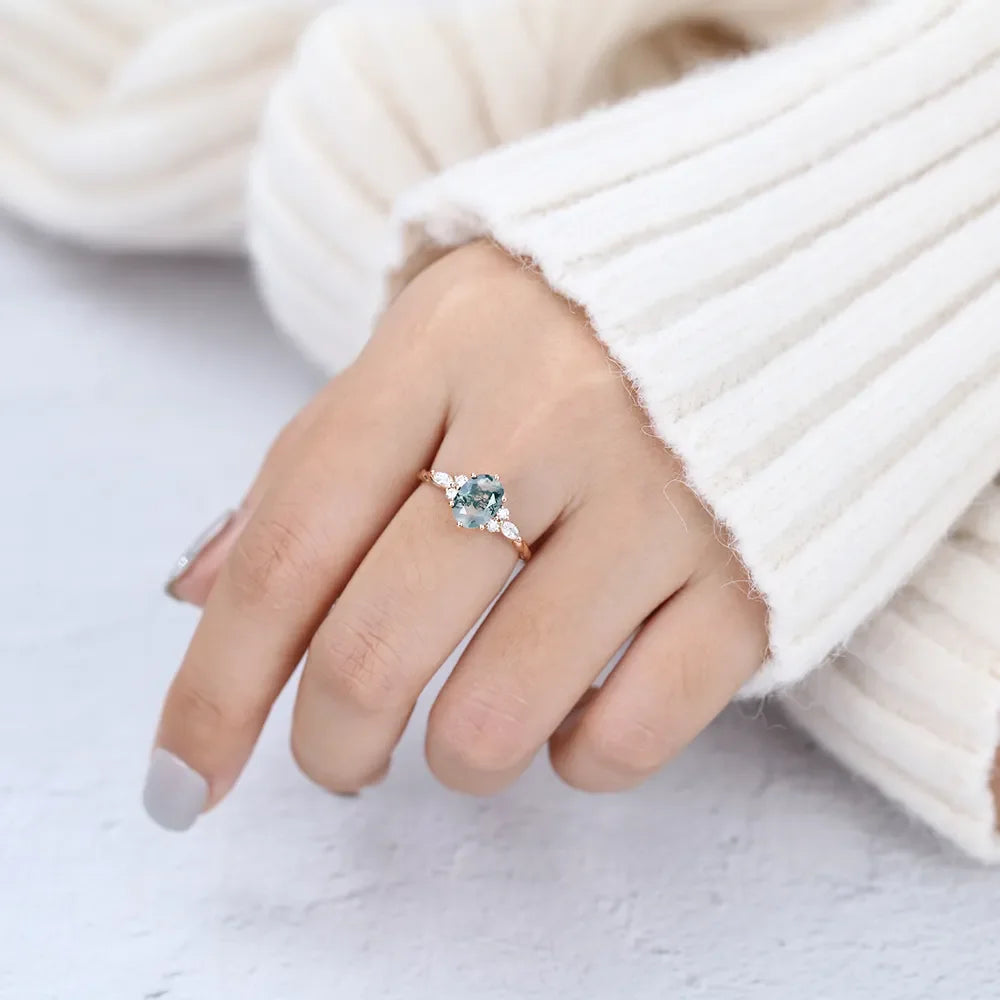 Natural  Unique 6x8mm Oval Moss Agate Wedding Engagement Birthday Rings in 925 Sterling Silver Handmade Ring Fine Jewelry