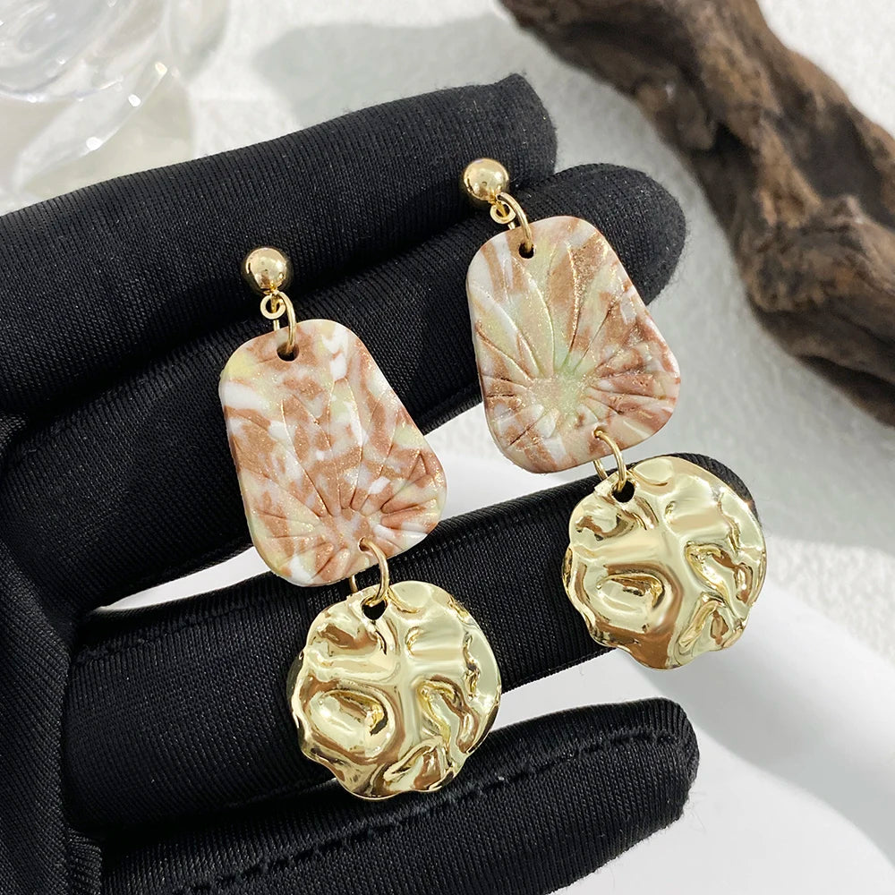Hand-made Polymer Clay Earring Gilt For Women Trendy Multiple Style Irregular Geometry Metal Fold Jewelry Eardrop INS