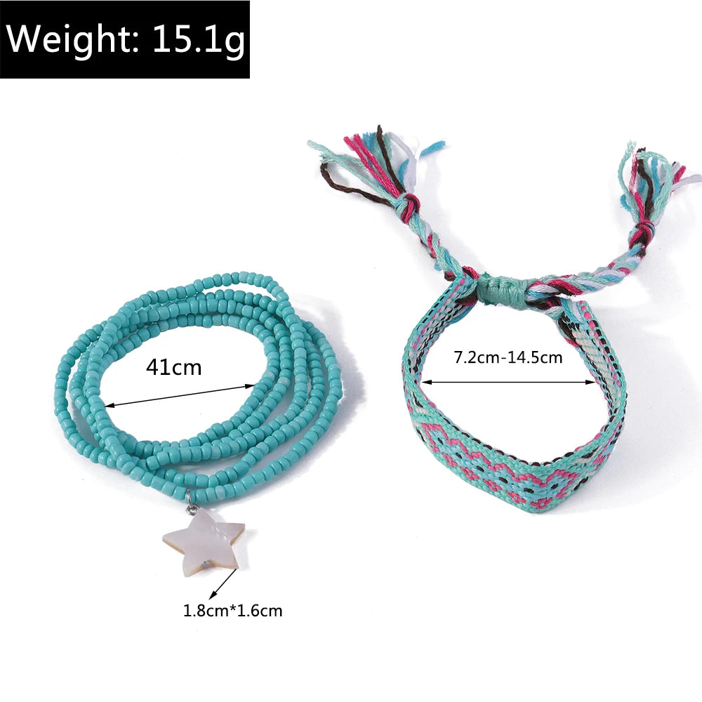 Bohemian Handmade Beaded Anklets Star Pendant Embroidery Braided Ankle Bracelets Women Girls Summer Beach Jewelry Gifts