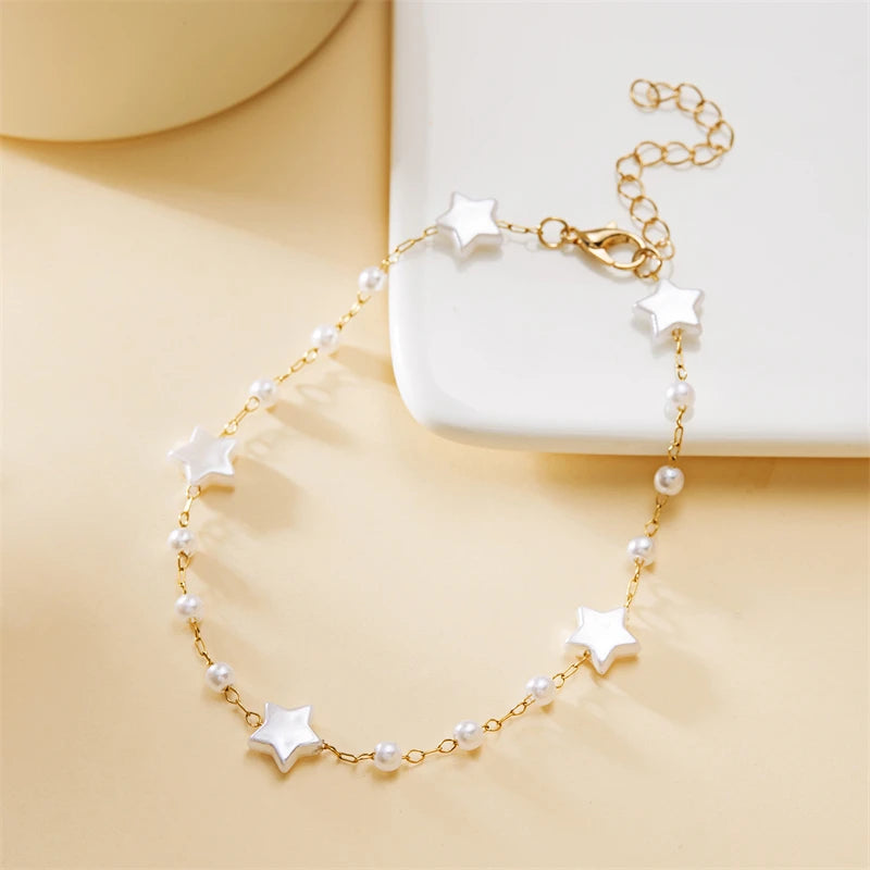 Minimalist Star Heart Anklet for Women Charm Simple Imitation Pearl Link Chain On Barefoot Bracelet Handmade Jewelry Gift