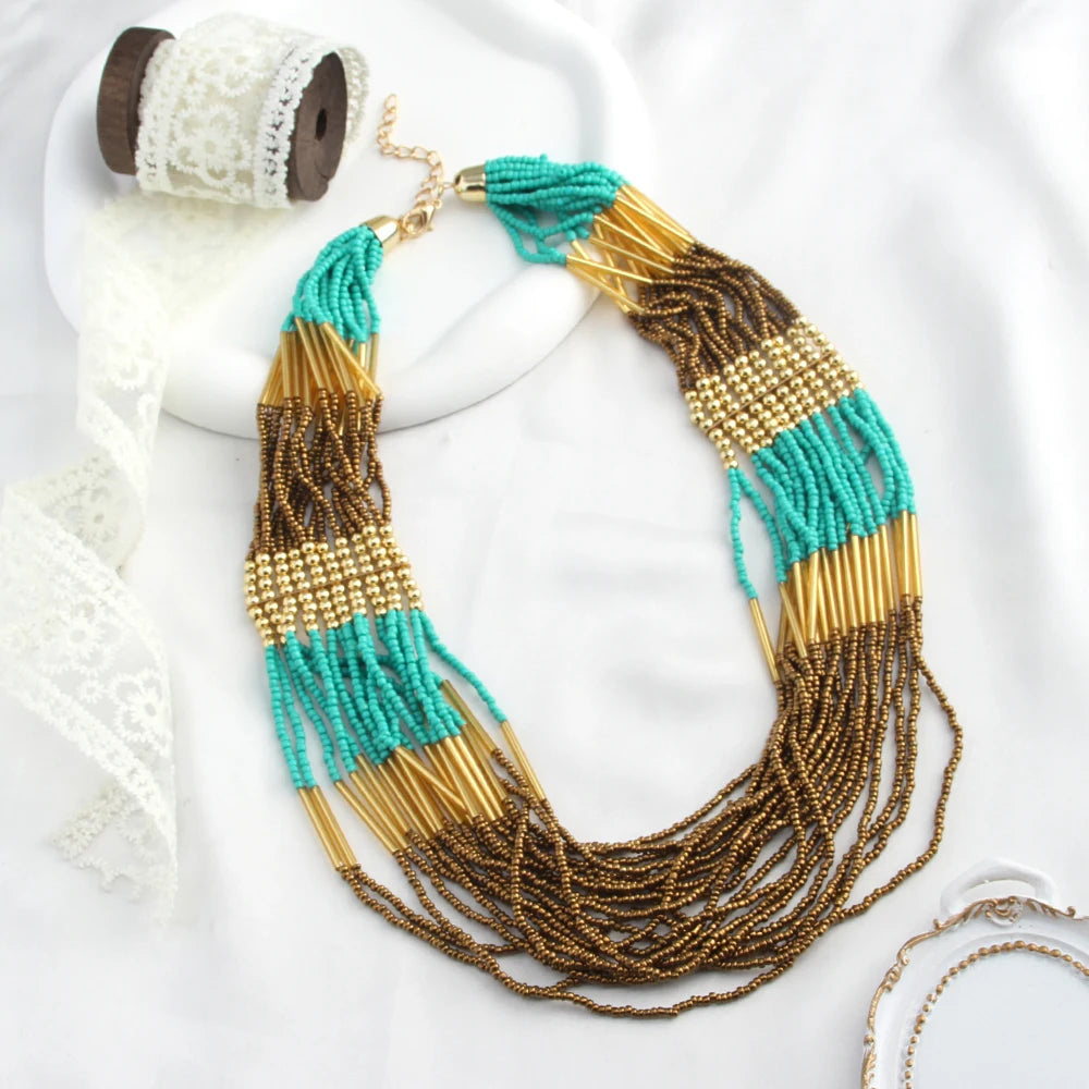 Bohemian Ethnic Handmade Multi-layer Glass Rice Bead Necklace Mix Color Multi Strand Statement Necklace Seed Beads Necklace