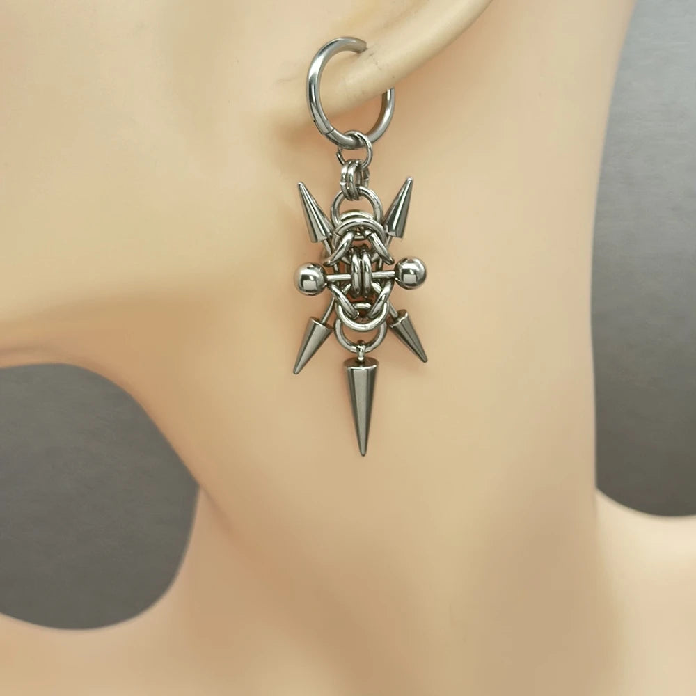 Gothic Stainless Steel Hoops Spike Piercing Long Dangle Earrings Handmade Punk y2k Chainmail Rivet Drop Earrings Rock Jewelry