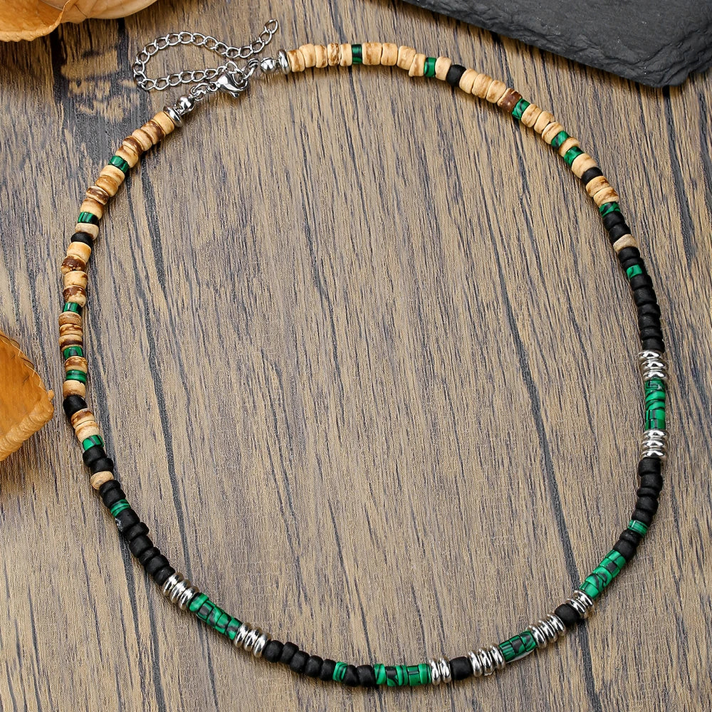 Handmade Men's Wooden Beaded Clay Necklace Fashion Vintage African White Beaded Beach Surfer Necklace for Men Tribal Jewelry