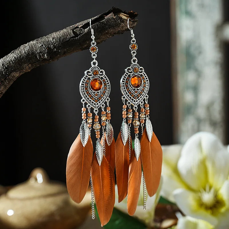 Boho Feather Long Leaf Tassel Drop Earrings For Women Geometric Rhinestone Crystal Beads Handmade Chain Wedding Earrings Jewelry