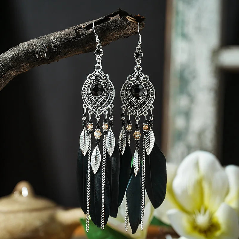 Boho Feather Long Leaf Tassel Drop Earrings For Women Geometric Rhinestone Crystal Beads Handmade Chain Wedding Earrings Jewelry