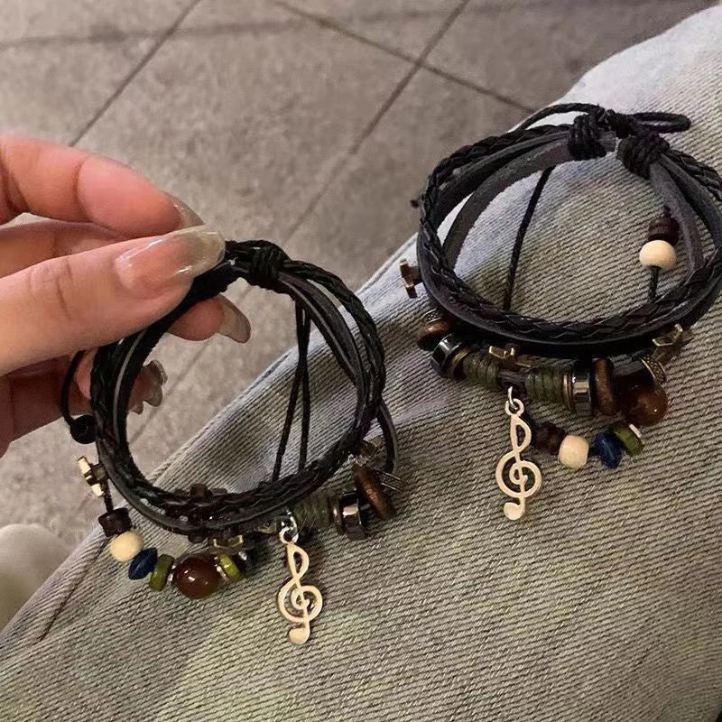 Handmade Hippie Design Brown Leather Bracelet Women Metal Star Note Charms Wood Button Beads Wrap Unisex Adjustable Bracelet