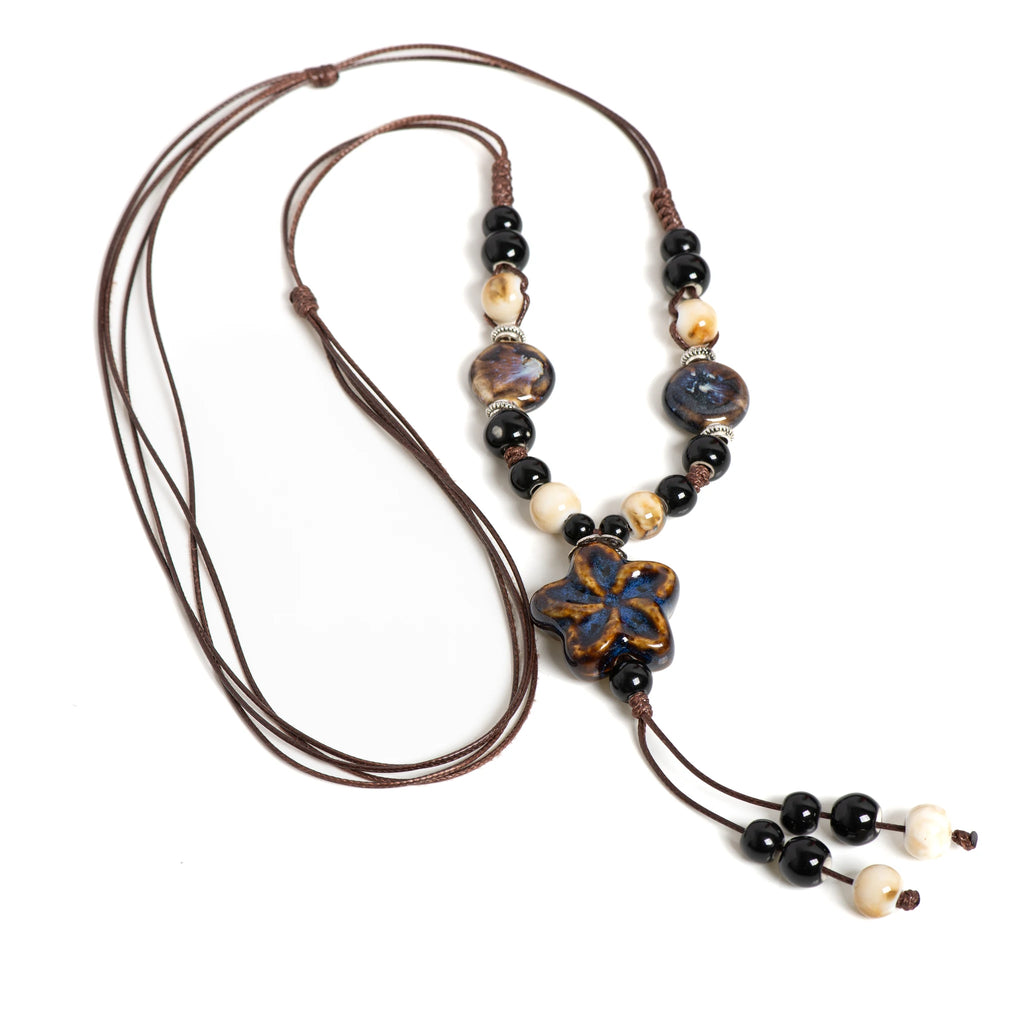 Round Star Handmade Ceramic Necklace Adjustable Pendant in Gem Blue Boho Jewelry  Long Pendant for Women 1101