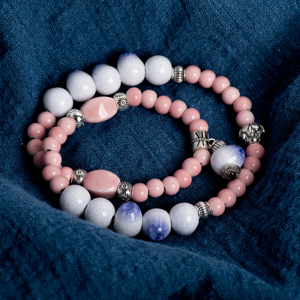 Double-Layer Crackle Ceramic Bracelet Handmade Elastic Jewelry in Purple and Yellow Beads Vintage Jewelry gifts regalo