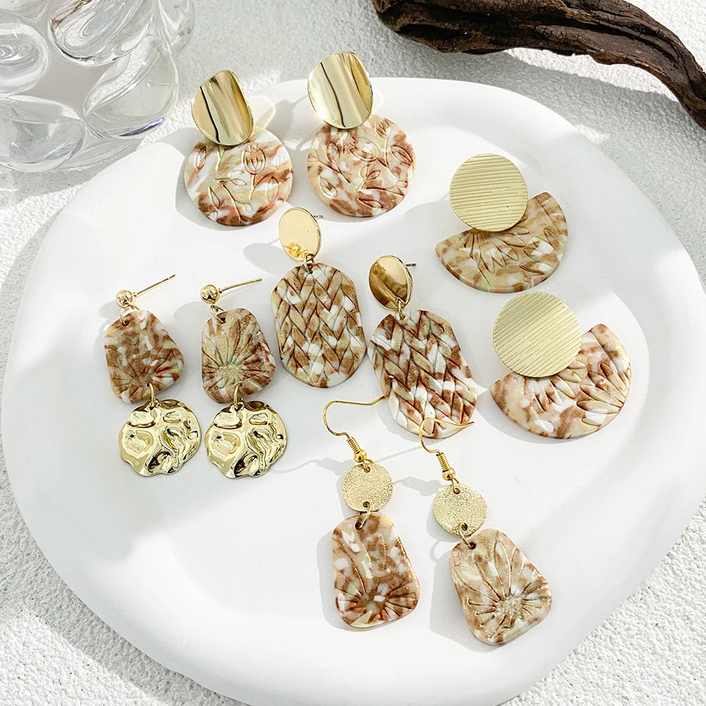 Hand-made Polymer Clay Earring Gilt For Women Trendy Multiple Style Irregular Geometry Metal Fold Jewelry Eardrop INS