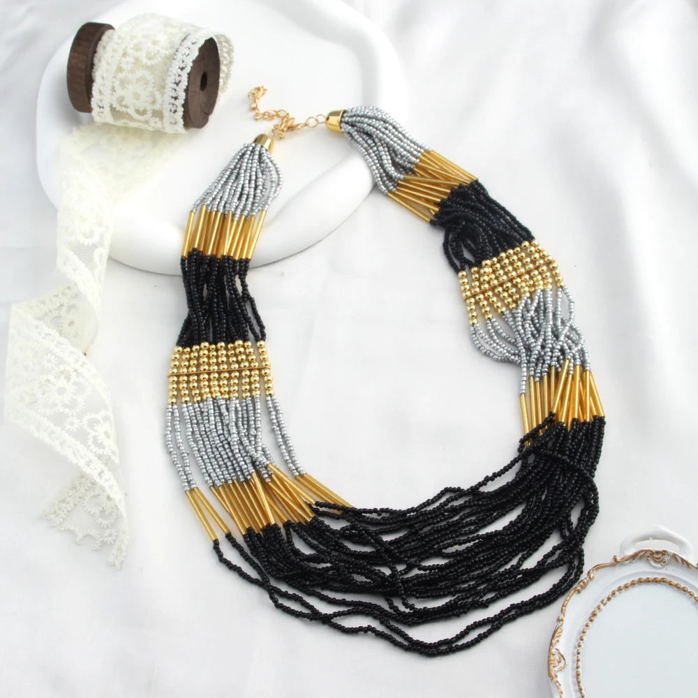 Bohemian Ethnic Handmade Multi-layer Glass Rice Bead Necklace Mix Color Multi Strand Statement Necklace Seed Beads Necklace