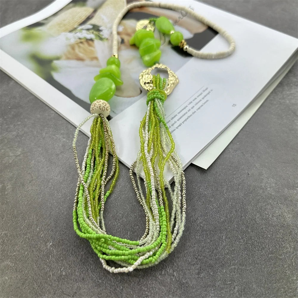 Long Fashion Bohemian Handmade Layer Beaded Necklace For Women Glass Seed Bead Collar Statement Necklace Maxi Jewelry