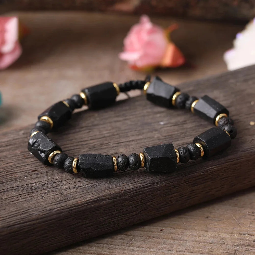Irregular Natural Black Tourmaline Bracelet Men Handmade Braided Bad Energy Protection Crystal Bracelets Adjustable Jewelry X168