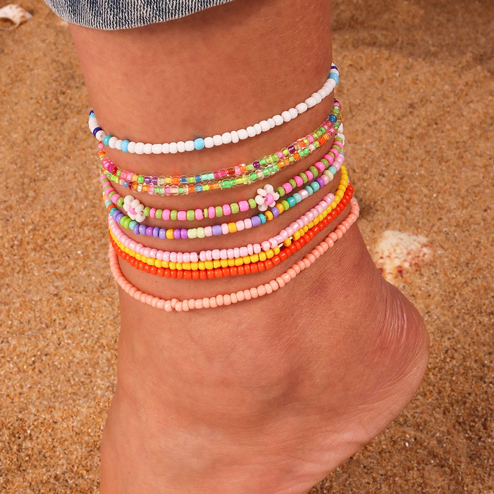10Pcs/Set Bohemian Handmade Colorful Beads Anklets for Women Summer Beach Shell Starfish Anklets Bracelets Girls Holiday Gifts