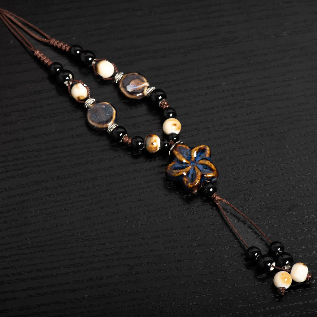 Round Star Handmade Ceramic Necklace Adjustable Pendant in Gem Blue Boho Jewelry  Long Pendant for Women 1101