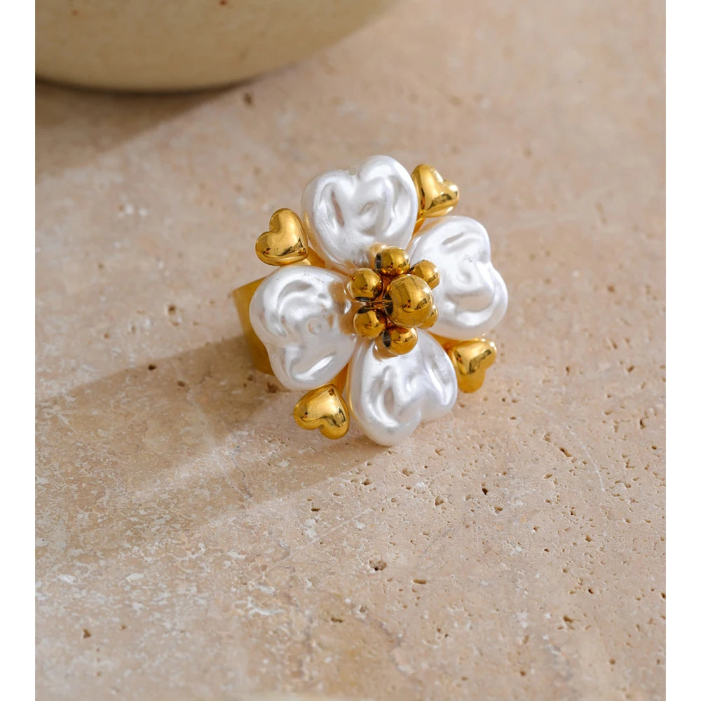 Stainless Steel Imitation Pearls Flower Golden Handmade PVD Ring Trending Metal Fashion Elegance Popular Jewelry Gift