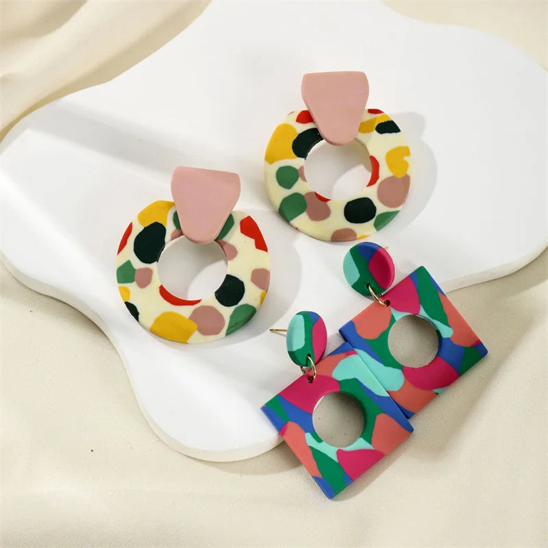  Bohemian Geometric Circle Square Clay Dangle Earrings Fashion Colorful Printing Contrast Color Polymer Clay Earrings for Femal