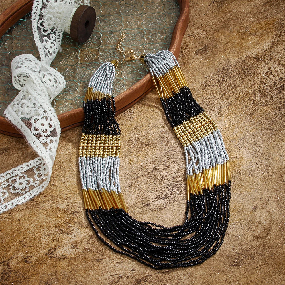 Bohemian Ethnic Handmade Multi-layer Glass Rice Bead Necklace Mix Color Multi Strand Statement Necklace Seed Beads Necklace