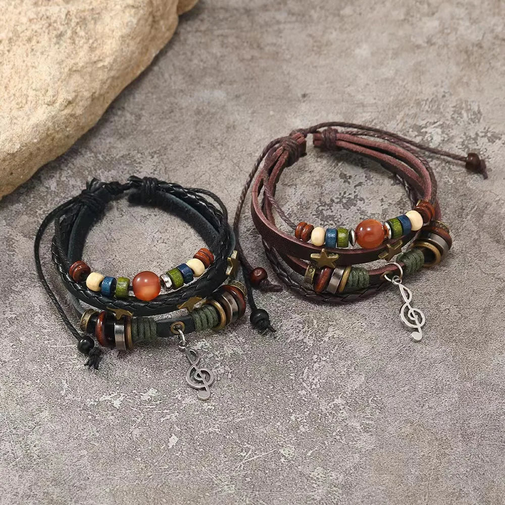 Handmade Hippie Design Brown Leather Bracelet Women Metal Star Note Charms Wood Button Beads Wrap Unisex Adjustable Bracelet