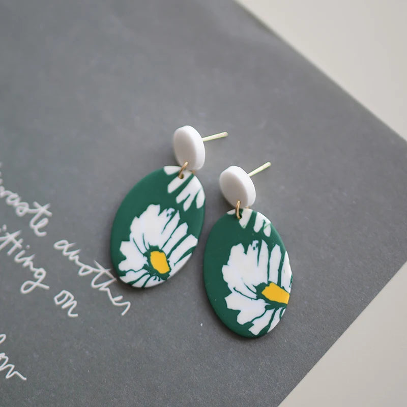 Flower Abstract Art Deco Pattern Multi Sizes Pendant Shapes Solid Colors Handmade Polymer Clay Earrings Sets For Woman Holiday