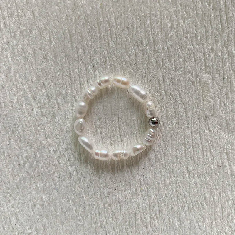 Elegant Handmade Freshwater Pearl Rings Women With Stainless Steel Bead Elastic Thread Wedding Statement Ring Gift