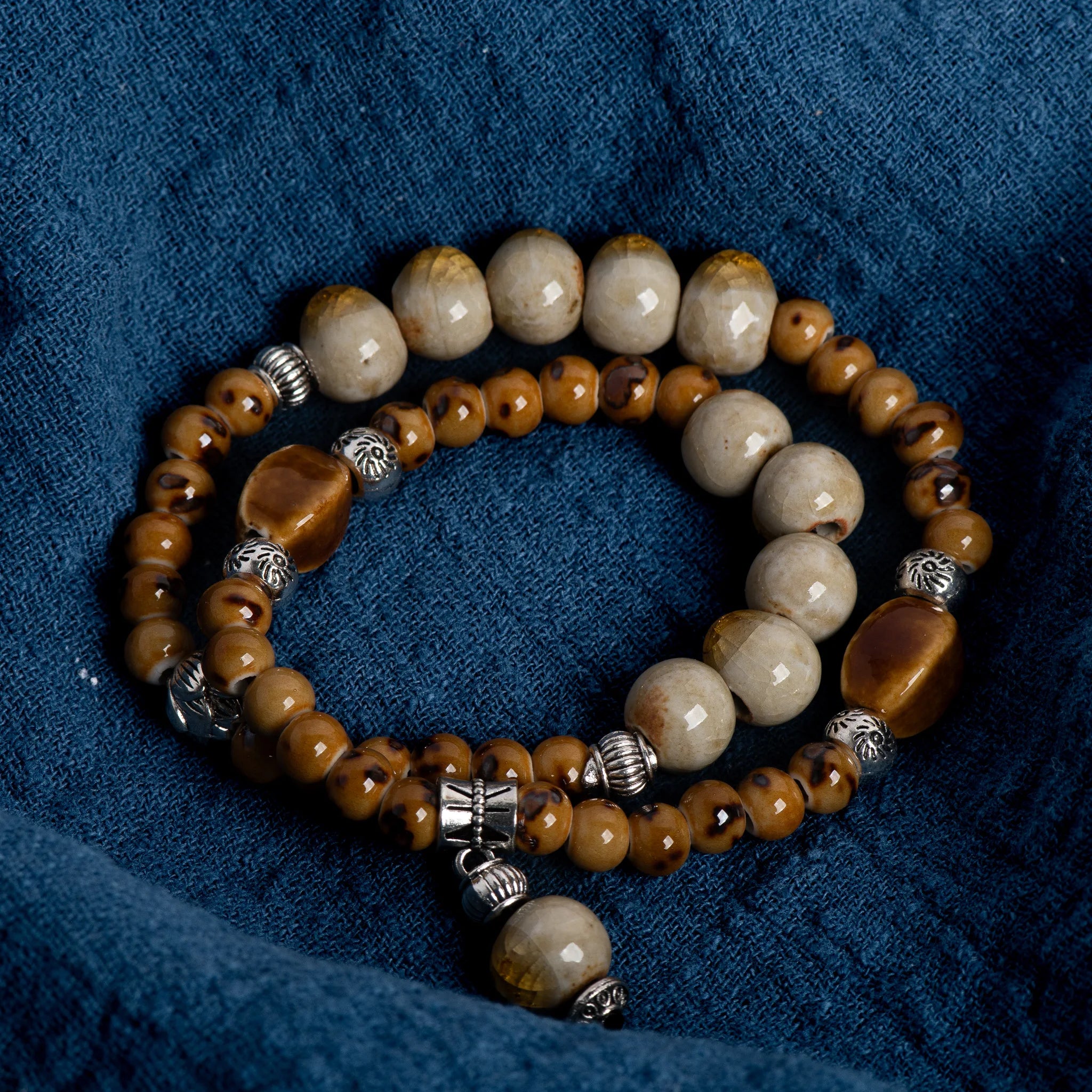 Double-Layer Crackle Ceramic Bracelet Handmade Elastic Jewelry in Purple and Yellow Beads Vintage Jewelry gifts regalo