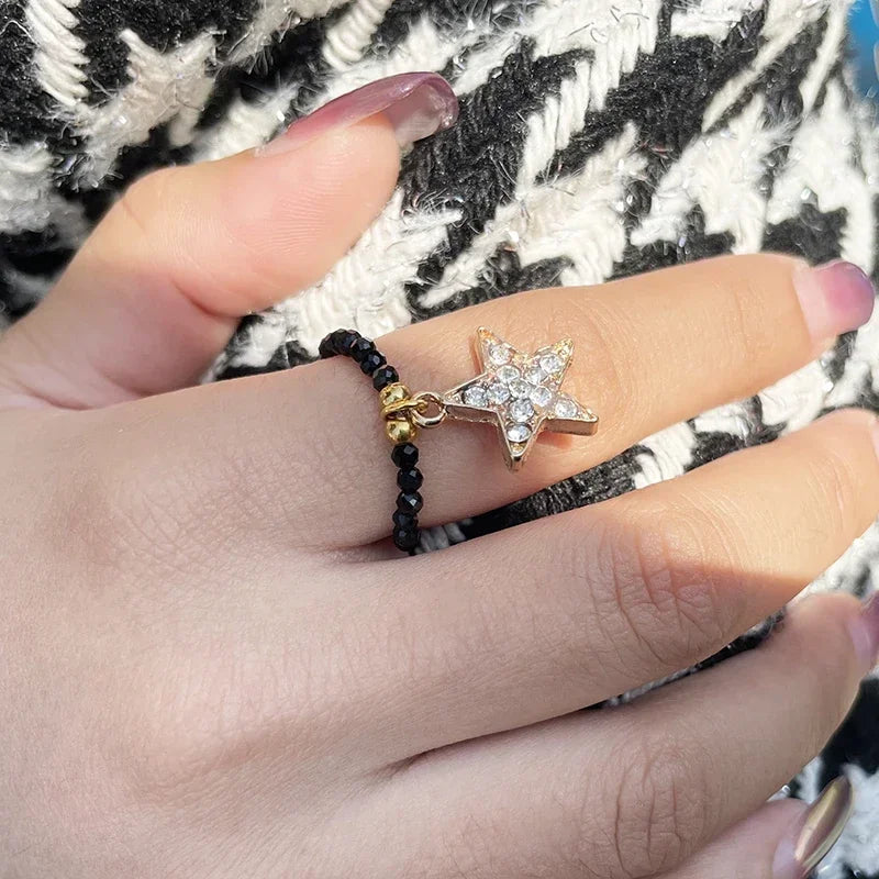 Obsidian Heart Star Charm Rings Women Ethnic Handmade Fashion Stainless Steel Jewelry Natural Stone Ring Wholesale