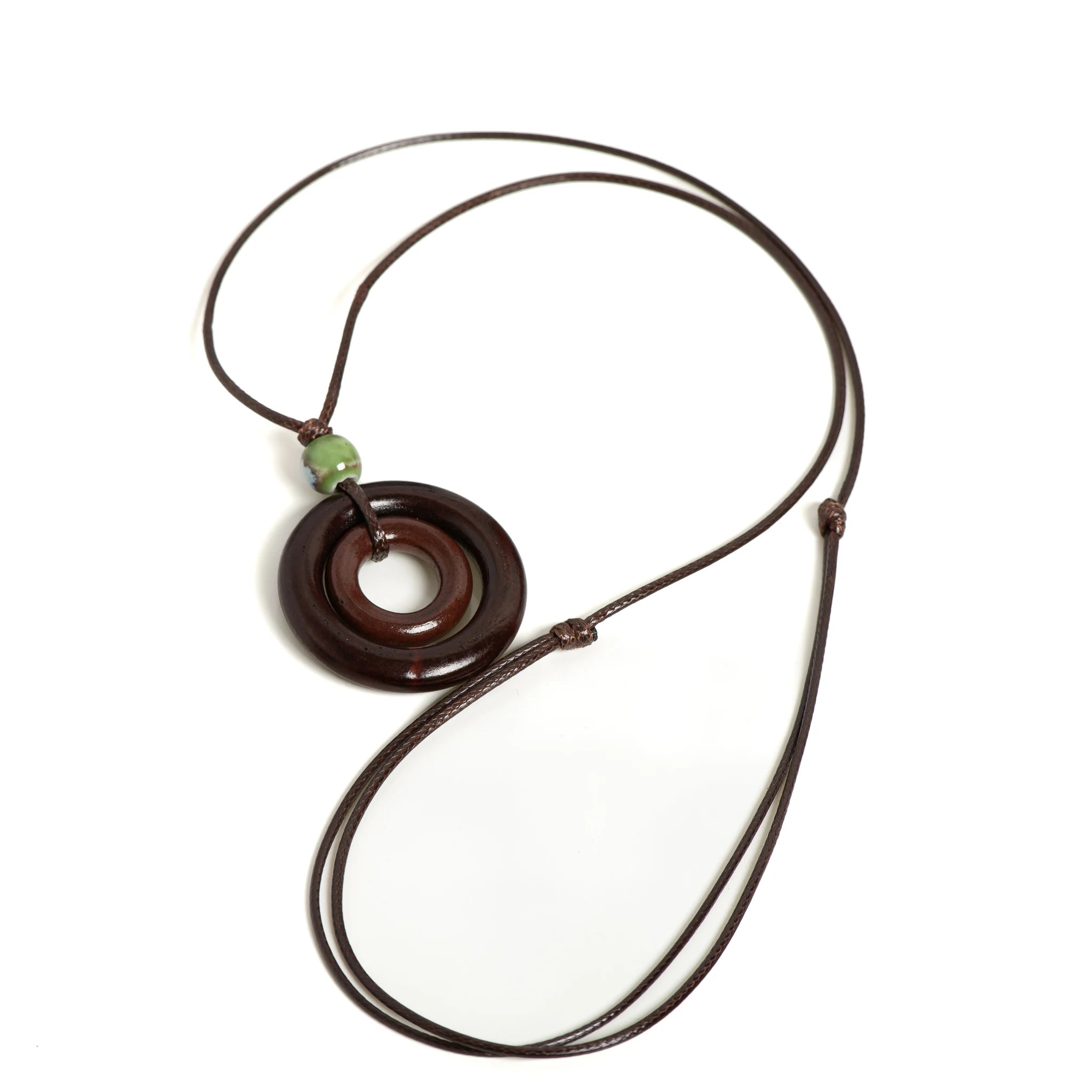 Handmade Wooden Circle Ceramic Pendant Necklace Adjustable Cord Unique Bohemian Jewelry for Men and Women 1 Piece S001160