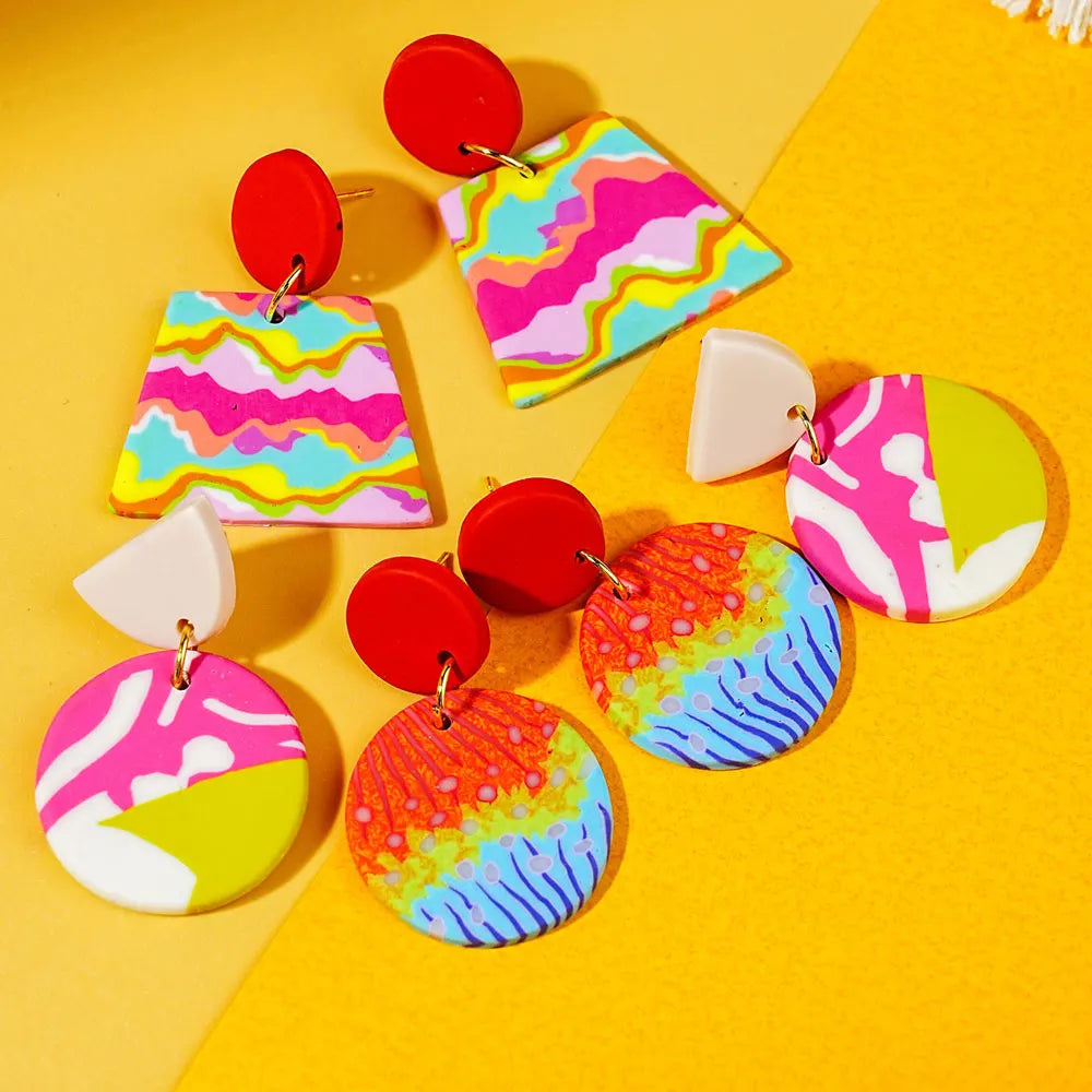 Rainbow Color Round Trapezoid Polymer Clay Drop Earrings For Women Handmade Geometry Clay Dangle Earrings Jewelry Gifts