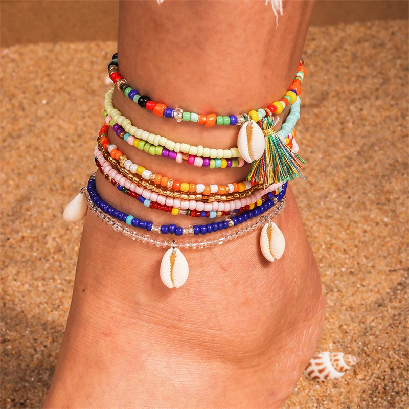 10Pcs/Set Bohemian Handmade Colorful Beads Anklets for Women Summer Beach Shell Starfish Anklets Bracelets Girls Holiday Gifts