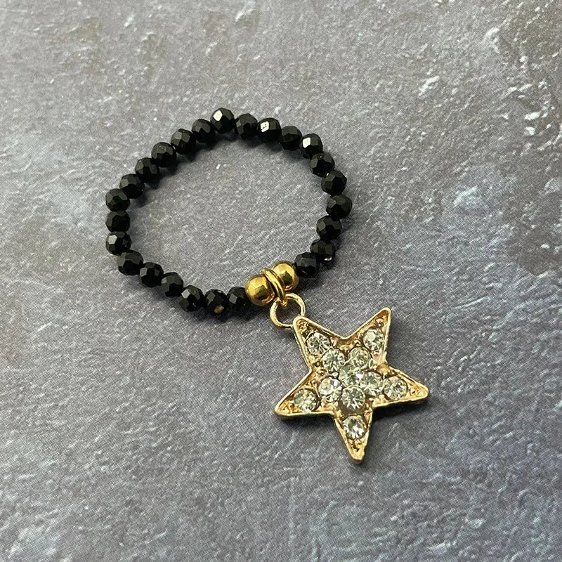 Obsidian Heart Star Charm Rings Women Ethnic Handmade Fashion Stainless Steel Jewelry Natural Stone Ring Wholesale