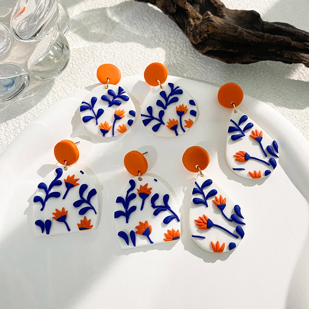 Handmade Polymer Clay Women Drop Earring Fashion Classic Bohemiam Multi Shapes Personality Blue Leaves Unique Jewelry
