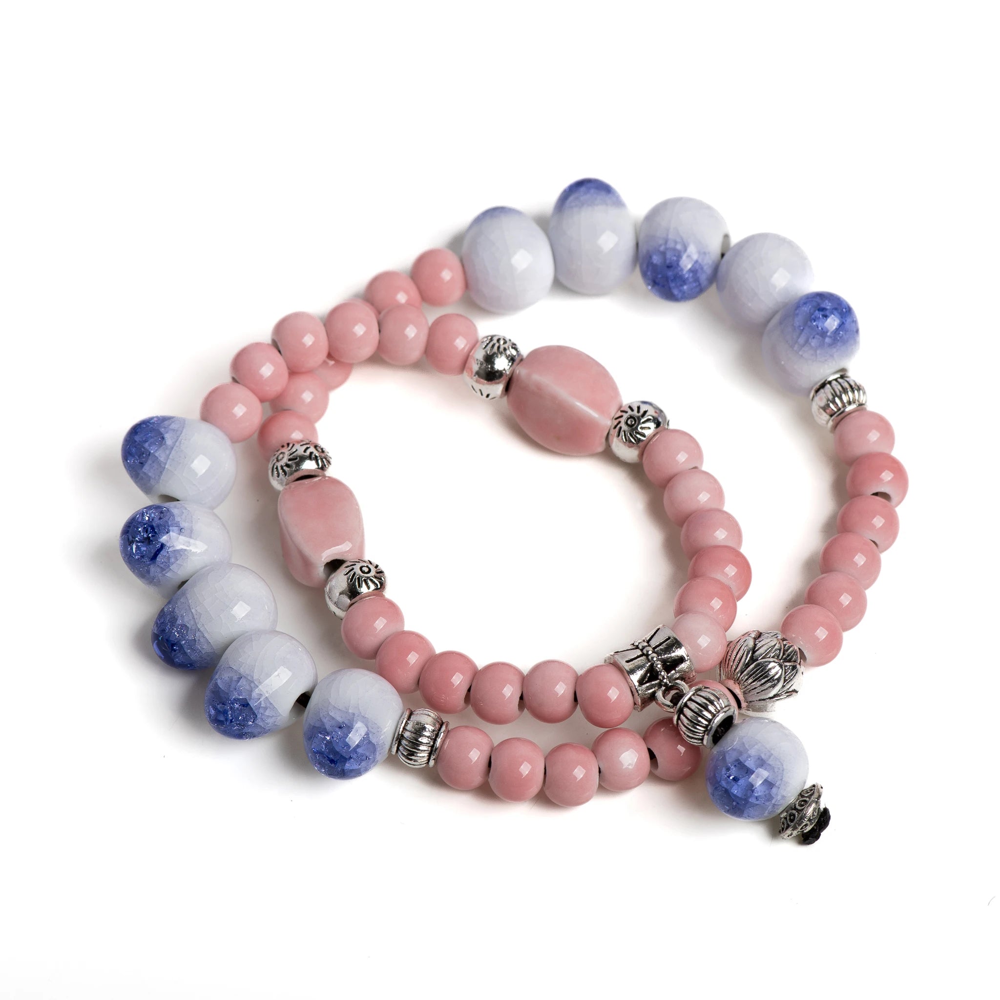 Double-Layer Crackle Ceramic Bracelet Handmade Elastic Jewelry in Purple and Yellow Beads Vintage Jewelry gifts regalo