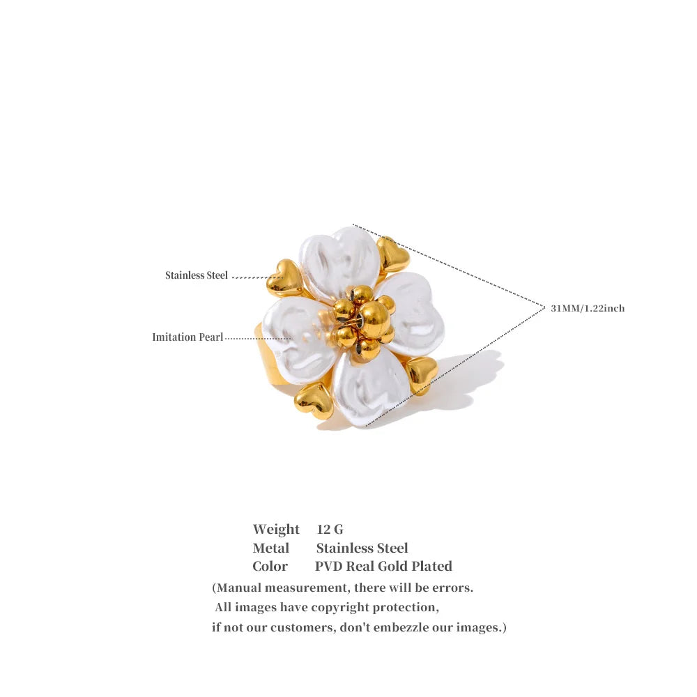 Stainless Steel Imitation Pearls Flower Golden Handmade PVD Ring Trending Metal Fashion Elegance Popular Jewelry Gift