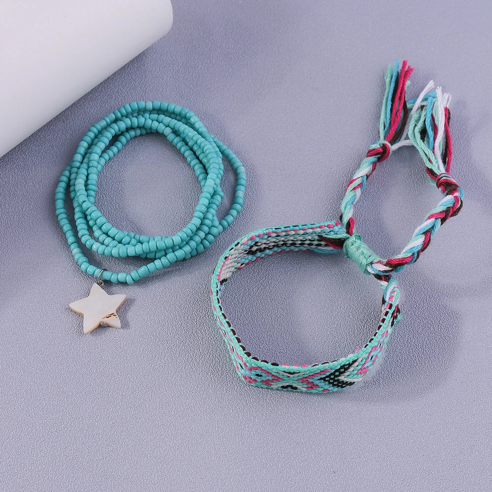 Bohemian Handmade Beaded Anklets Star Pendant Embroidery Braided Ankle Bracelets Women Girls Summer Beach Jewelry Gifts