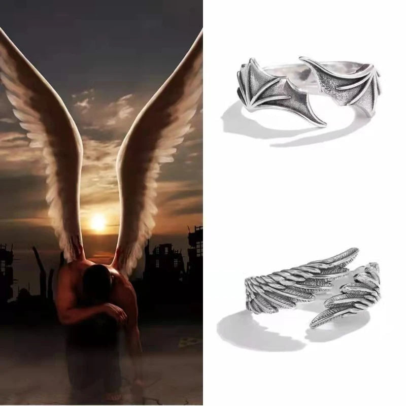 Retro Angel Demon Wings Hip Hop Couple Ring,Punk Gothic Open Ring Handmade Unisex Silver Color Jewelry New Gift for Lovers