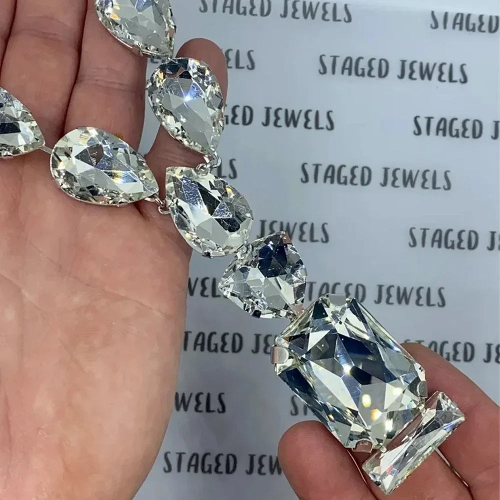 Woman Luxurious Handmade Oversized Crystal Necklace Sexy Fashion Big Square Rhinestone Statement Necklaces Accessories