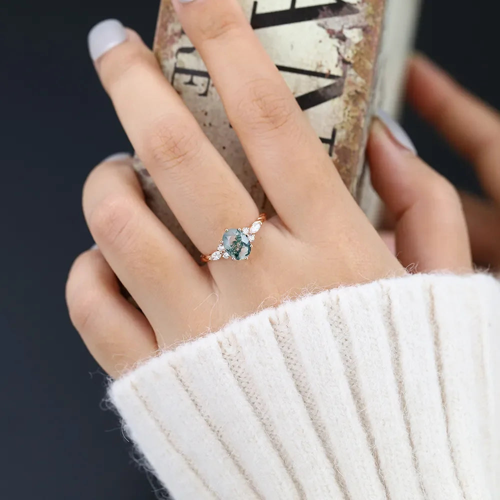 Natural  Unique 6x8mm Oval Moss Agate Wedding Engagement Birthday Rings in 925 Sterling Silver Handmade Ring Fine Jewelry