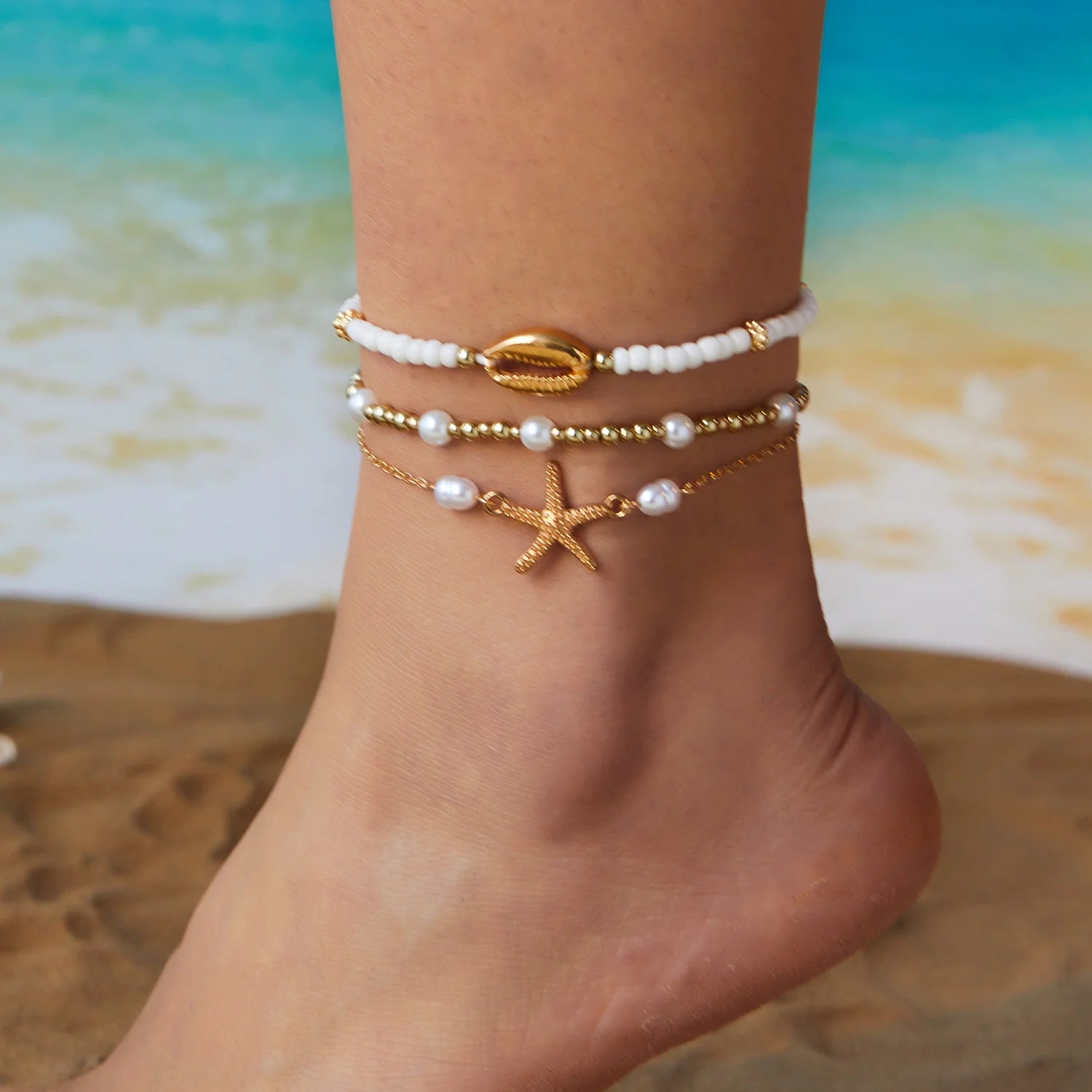 Multilayer Starfish Shell Polymer Clay Anklets for Women Handmade Rice Beads Bracelet on the Leg Summer Barefoot Beach Jewelry