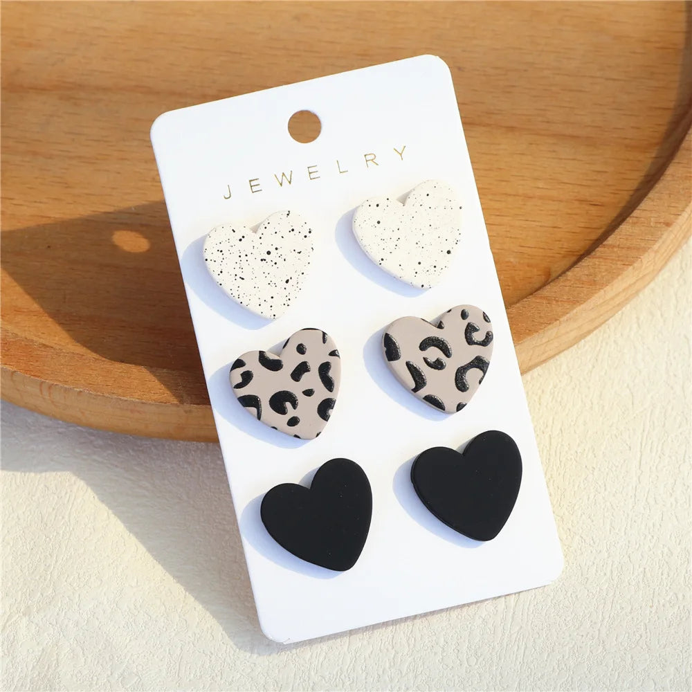 3-on-1 card spotted leopard print symbol printed clay texture women's acrylic heart-shaped earrings